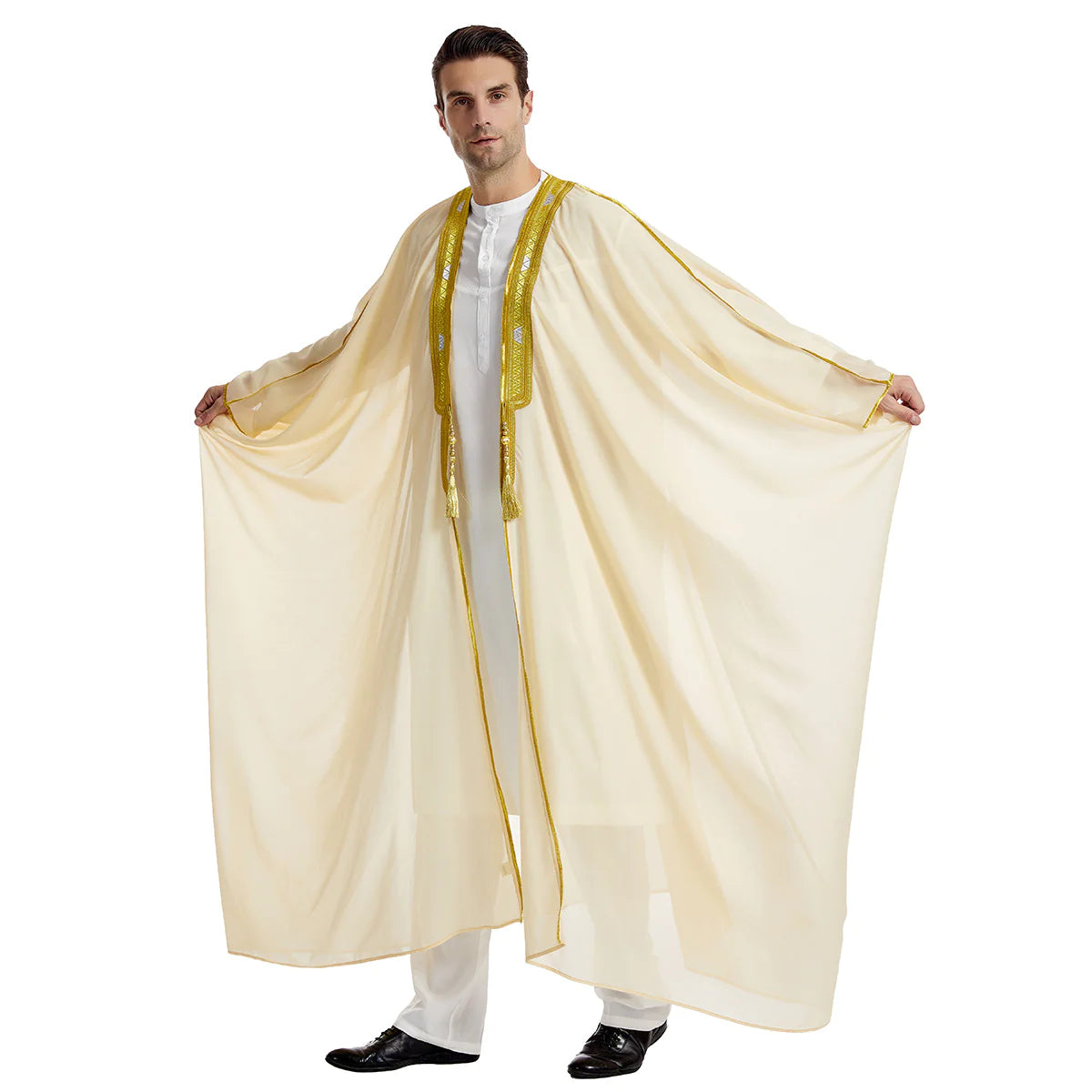 Men's Robe Arabic Embroidered Long Sleeve Tassel Golden Balls Chiffon Shawl