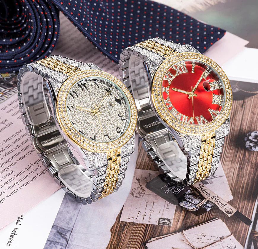 Luxury Full Diamond Arabic Sky Star Quartz Watch – Waterproof, Calendar, Men's