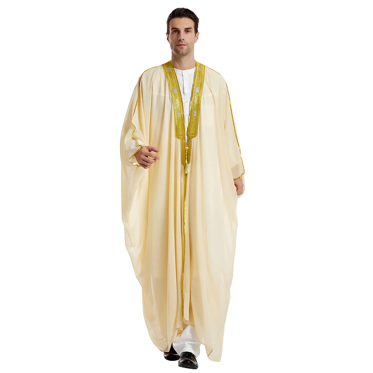 Men's Robe Arabic Embroidered Long Sleeve Tassel Golden Balls Chiffon Shawl
