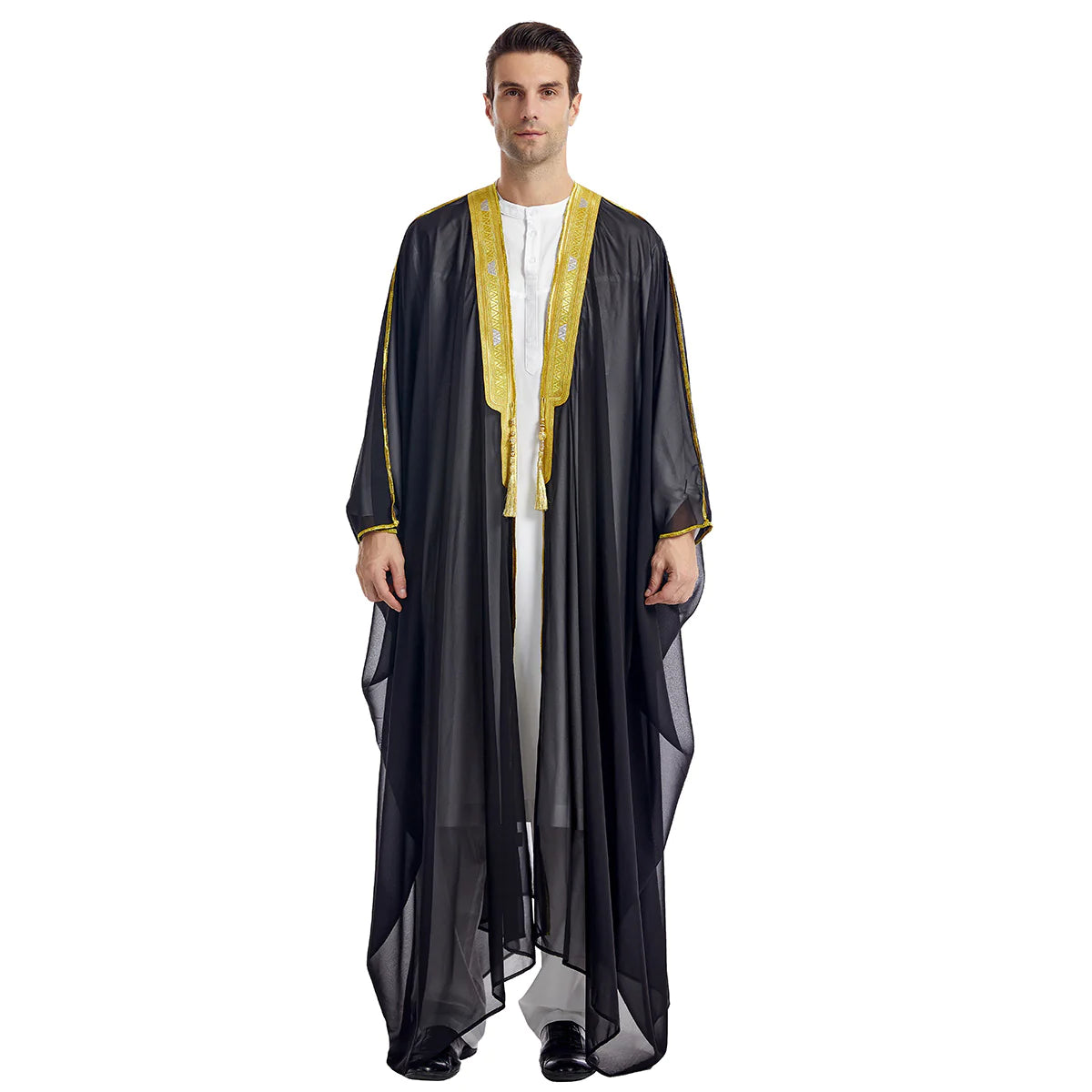 Men's Robe Arabic Embroidered Long Sleeve Tassel Golden Balls Chiffon Shawl