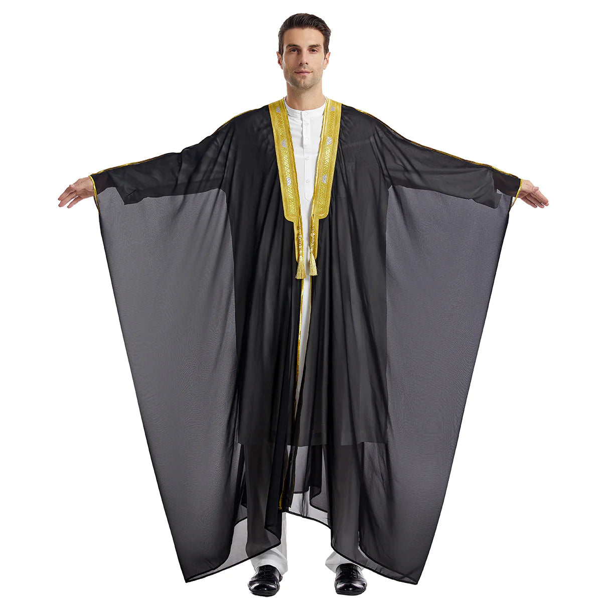 Men's Robe Arabic Embroidered Long Sleeve Tassel Golden Balls Chiffon Shawl