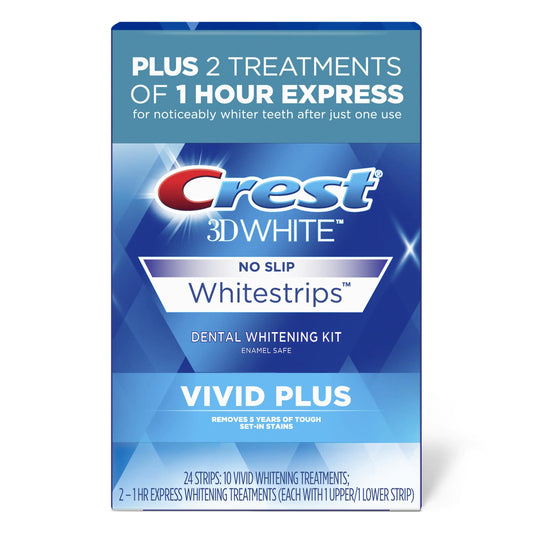 Crest 3DWhitestrips Vivid Plus Whitestrips 3D White 10 Treatments + 1 Hour Express 2 Treatments Teeth Whitening Kit 8 Levels Whiter Crest Teeth Whitening Strips