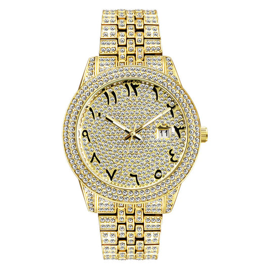 Luxury Full Diamond Arabic Sky Star Quartz Watch – Waterproof, Calendar, Men's